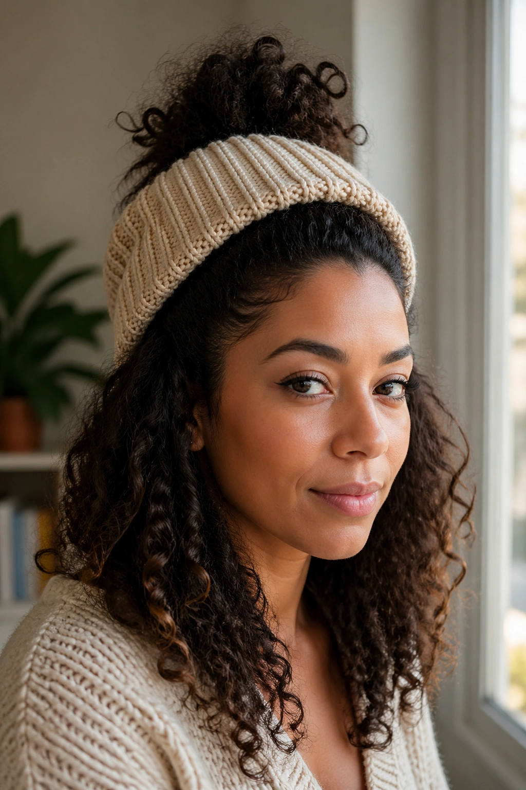 Half-up top section under loose knit beanie on a real person.