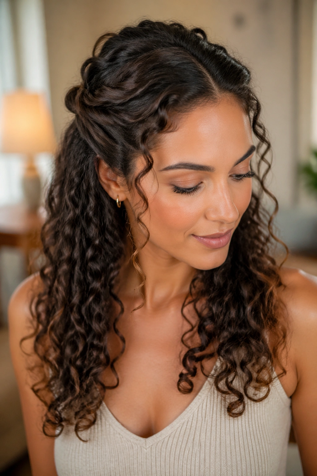 Close-up of a real person with half-up twisted back hairstyle