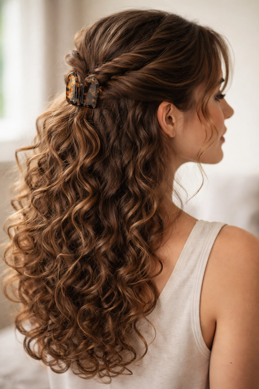 Three-quarter view of a half-up curly twist with a claw clip.