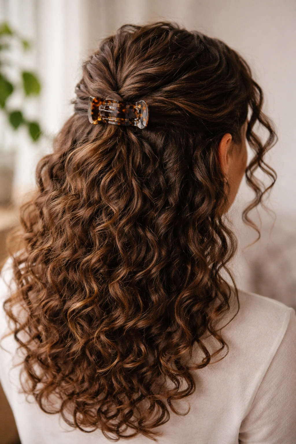 Close-up of curly hair in a loose half-up twist secured with a claw clip, keeping hair off the face
