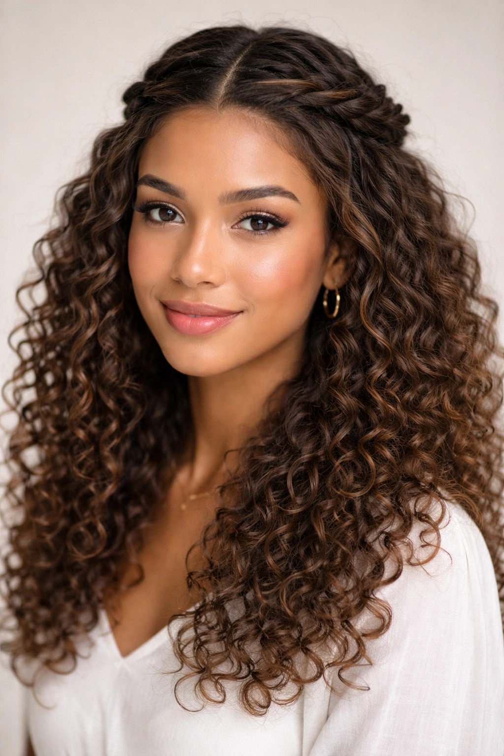 Portrait of a half-up twist crown hairstyle on curly hair