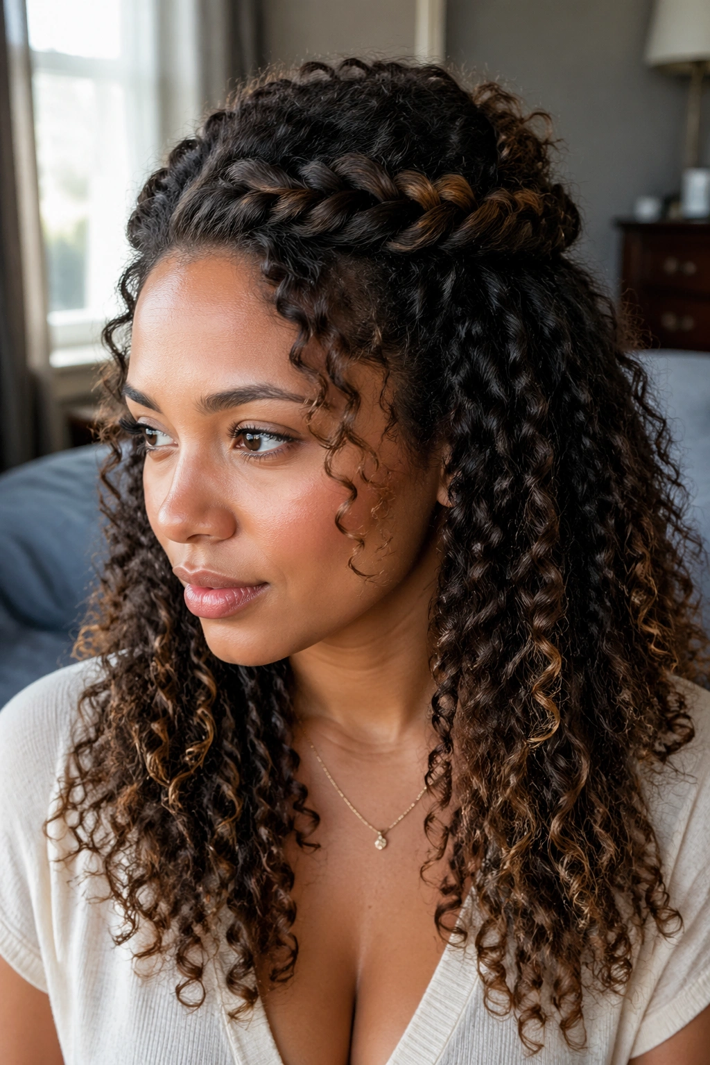 Close-up of a real woman with a half-up twist crown on mixed curly textures in natural light