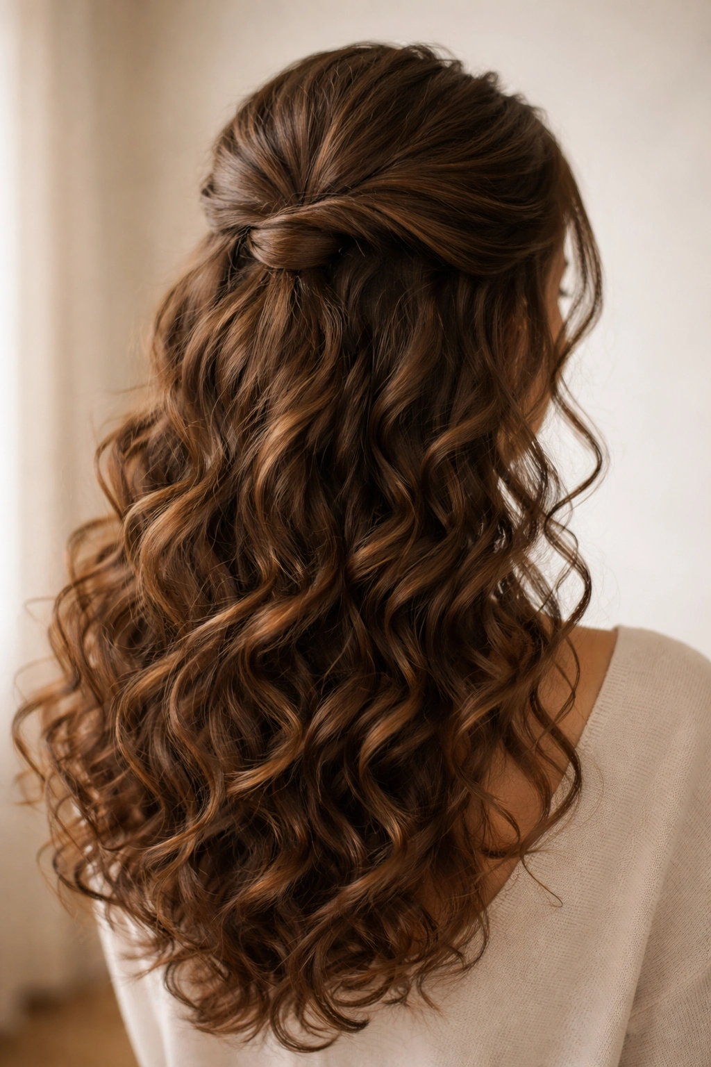 Half-up twist hairstyle showing crown volume and curls downward