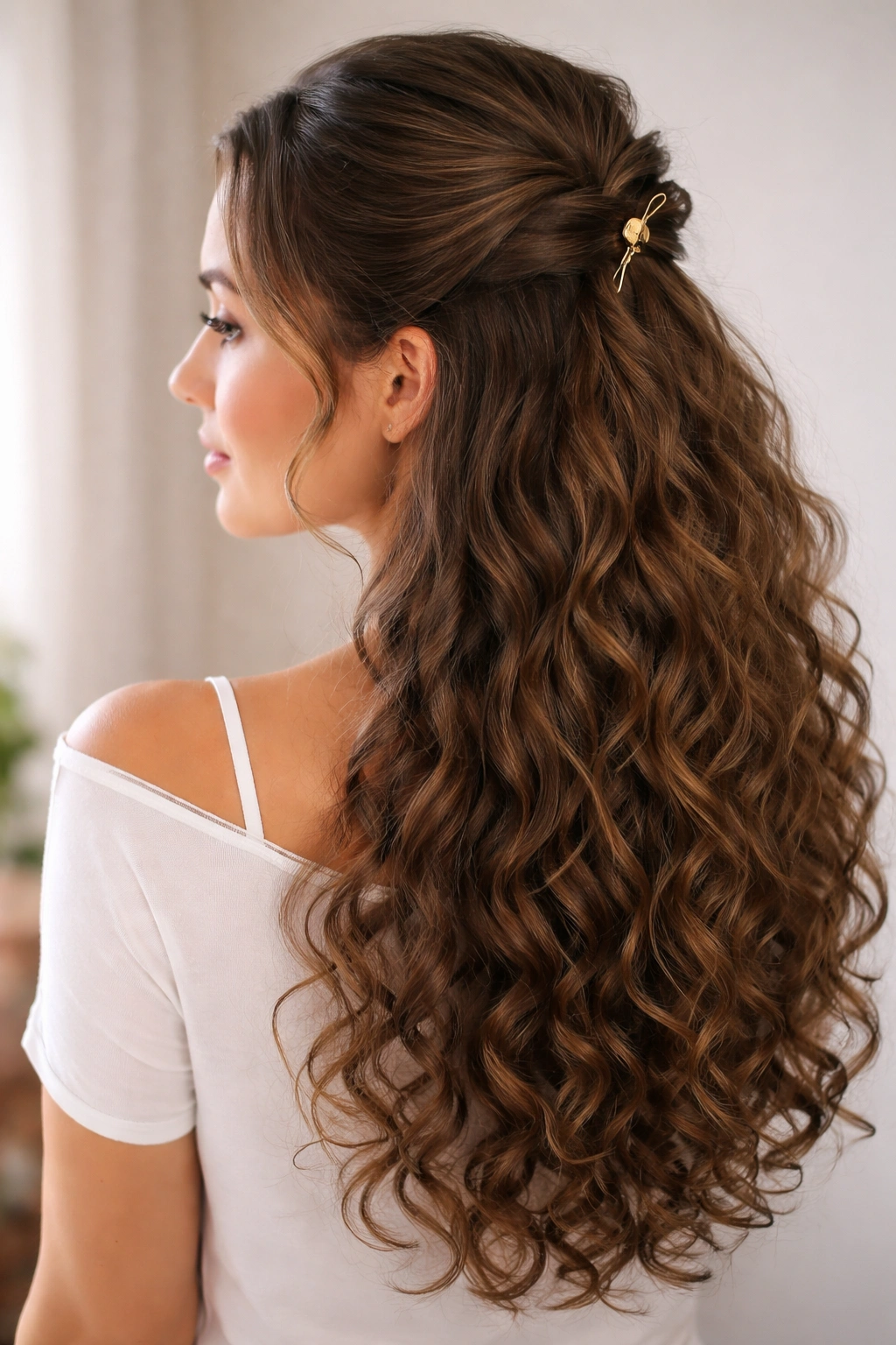 Close-up of Half-Up Twist hairstyle with front sections pinned back on curly hair