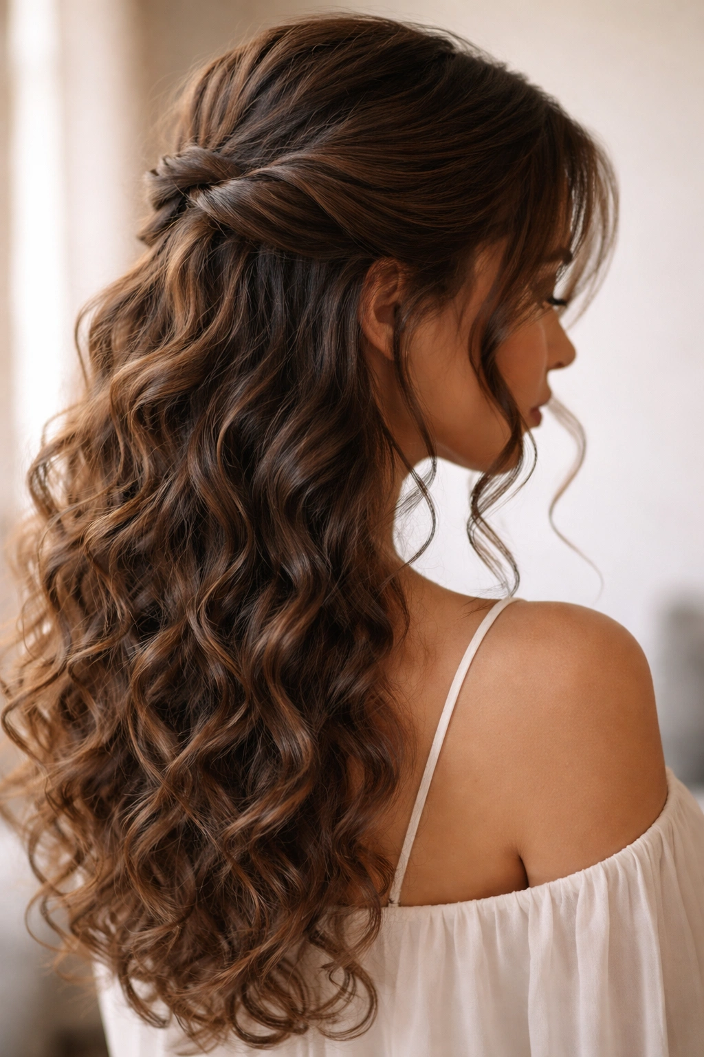 Close-up of half-up twist with face-framing ringlets on curly hair