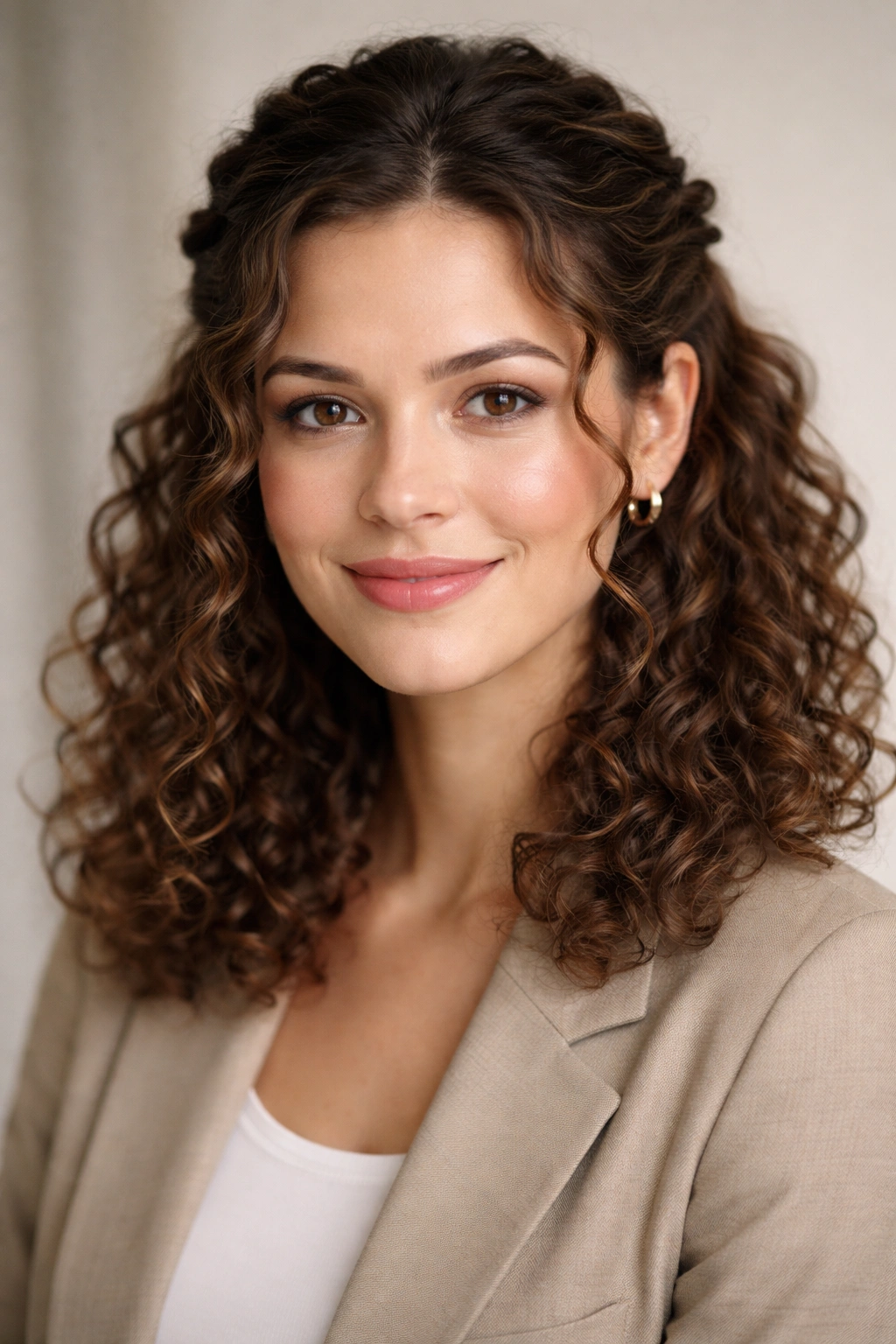 Half-up twist hairstyle showing top section twisted back, face open for interview.