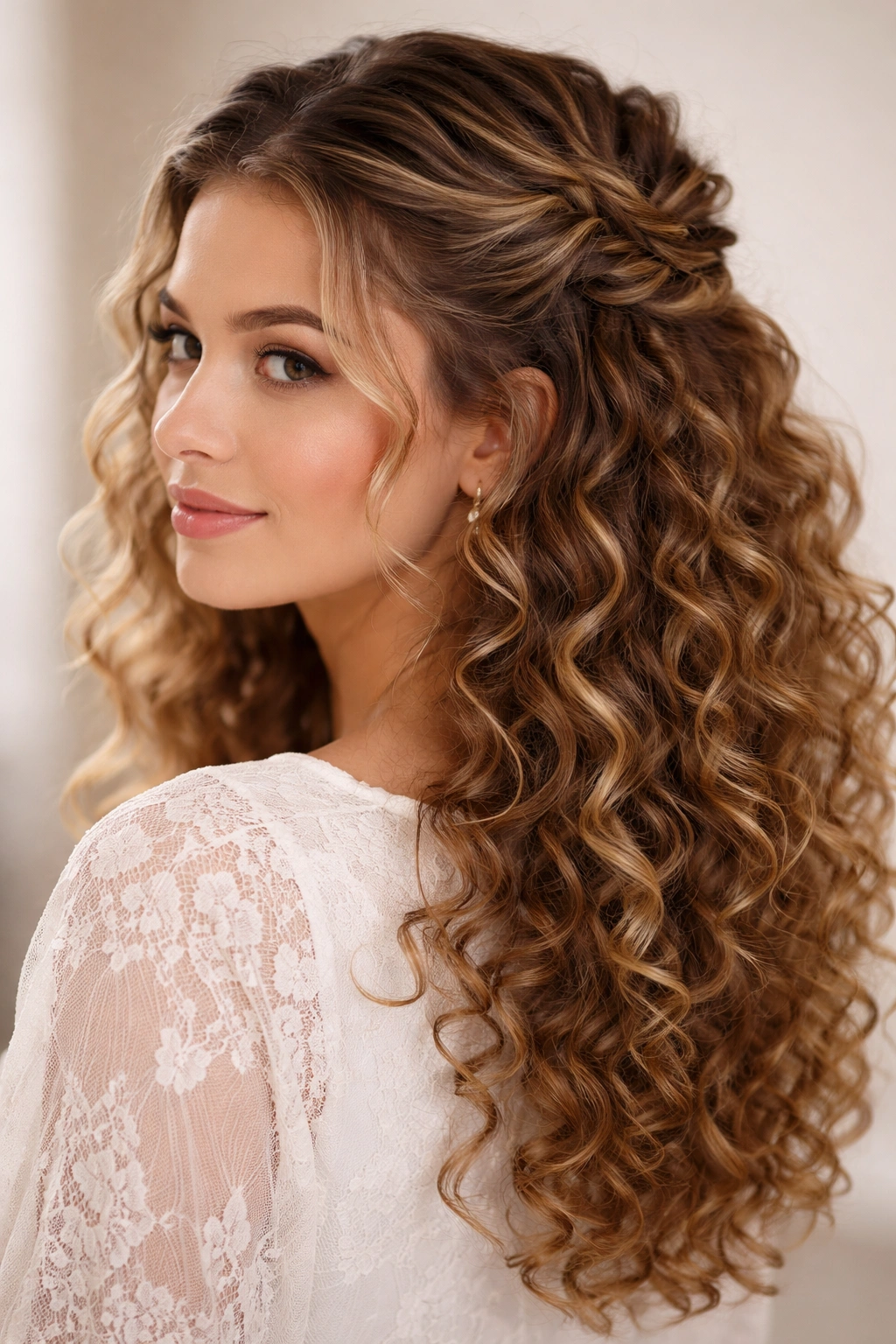 Close-up of half-up twists on curly hair with twists pulled back toward the crown