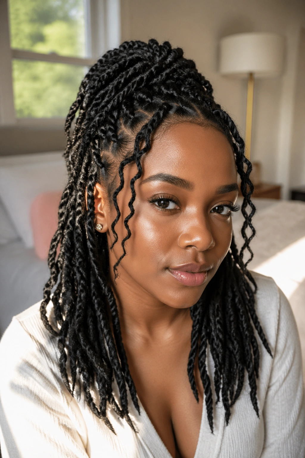 Close-up of a real woman with half-up twists framing her face in warm window light.