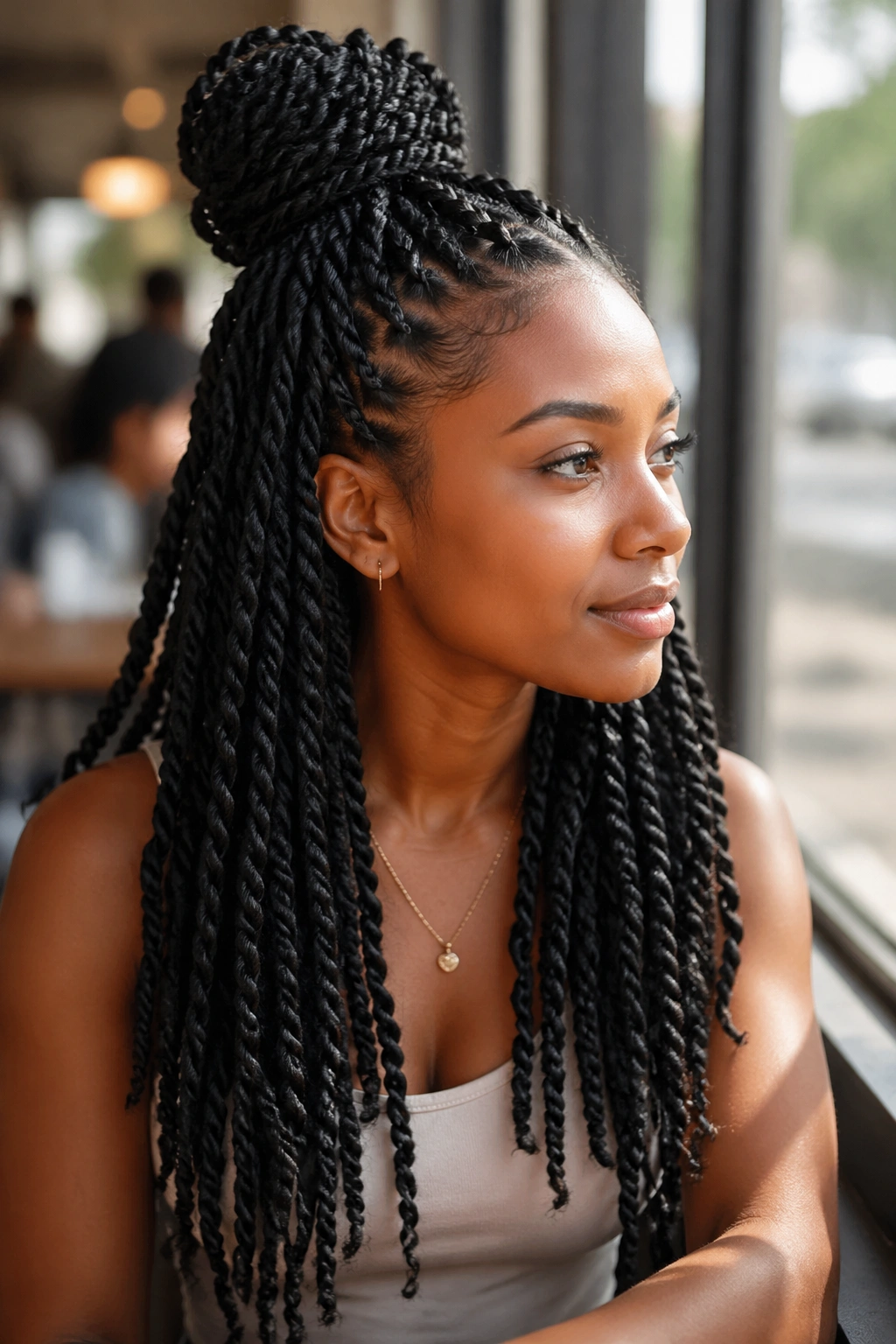 Close-up of a real woman with half-up twists in a sunlit cafe setting