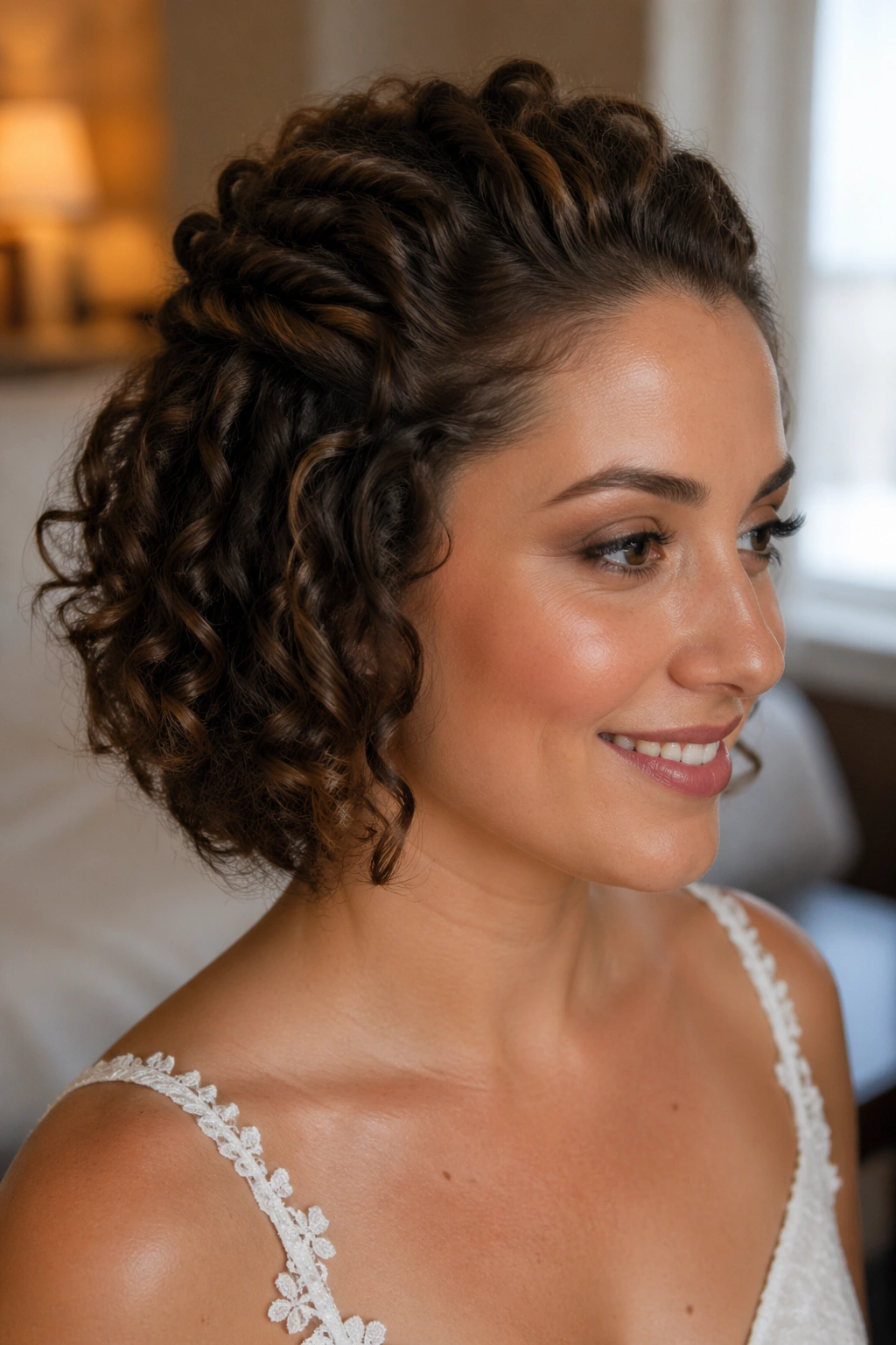 Close-up of a real bride with half-up twists on short curly hair
