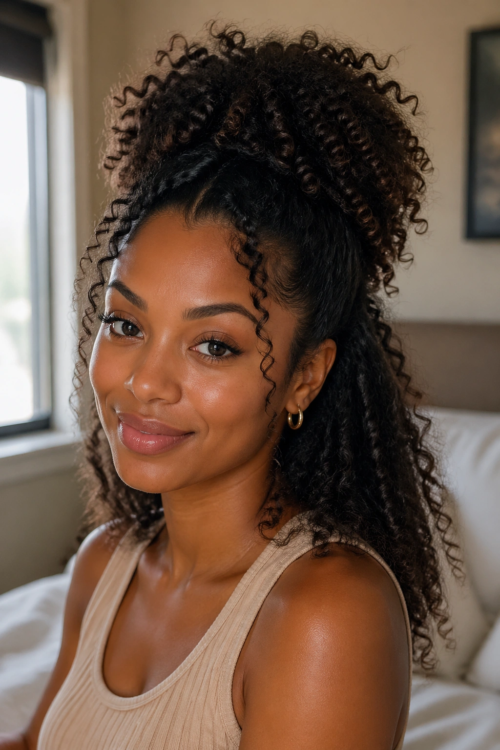 Close-up portrait of a real woman with a half-up curly puff and pinned back length