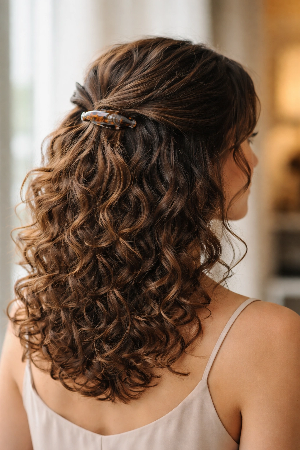 Shoulder-length curls with half-up waterfall hold showing curling cascade over clip