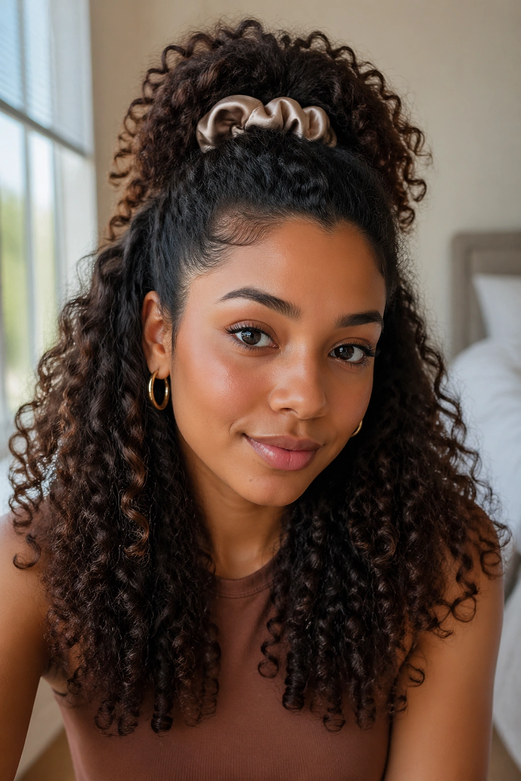Close-up of a woman with a satin-scrunchie half-up puff and loose curls
