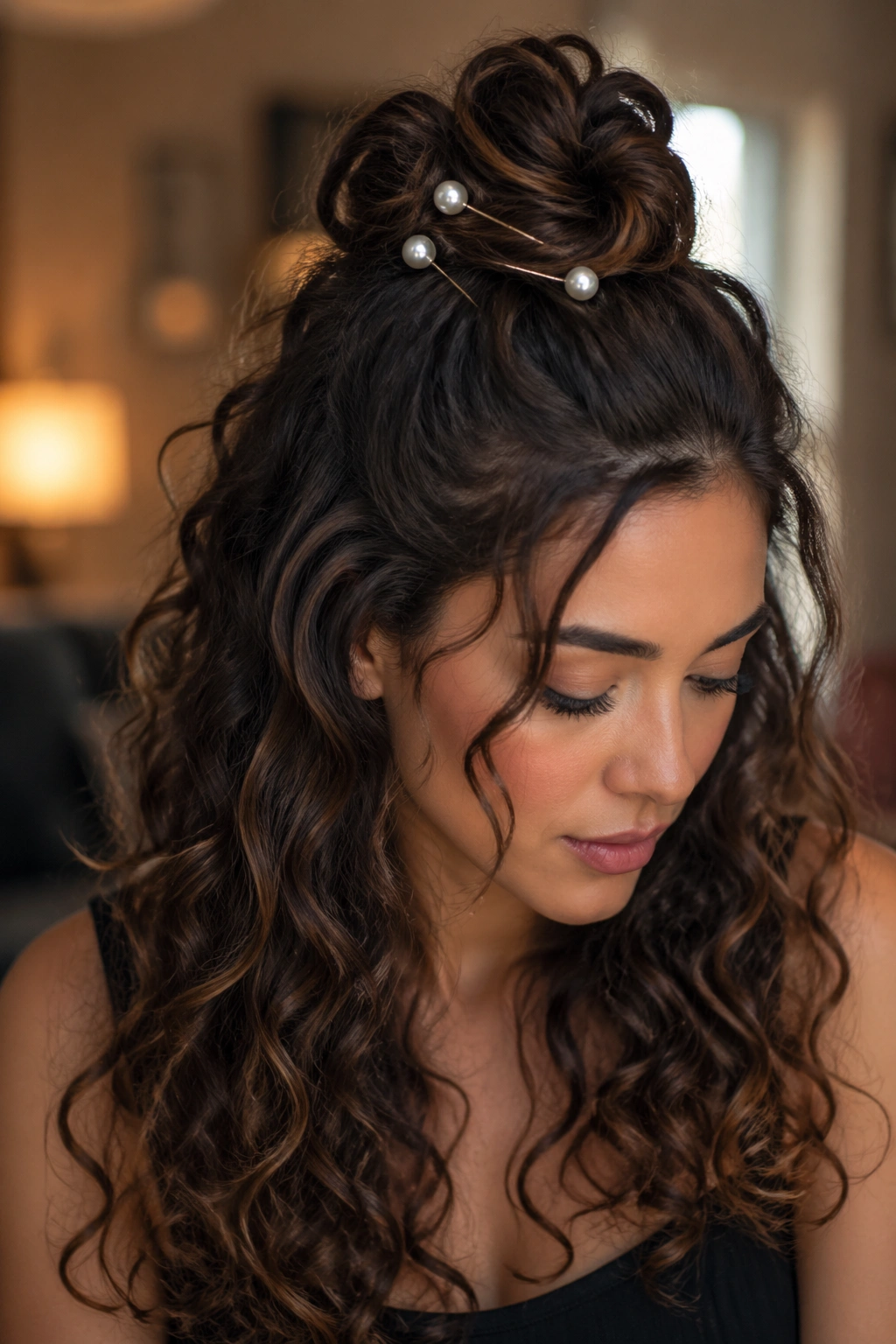 Close-up of half-up knot with pearl pins on a real woman