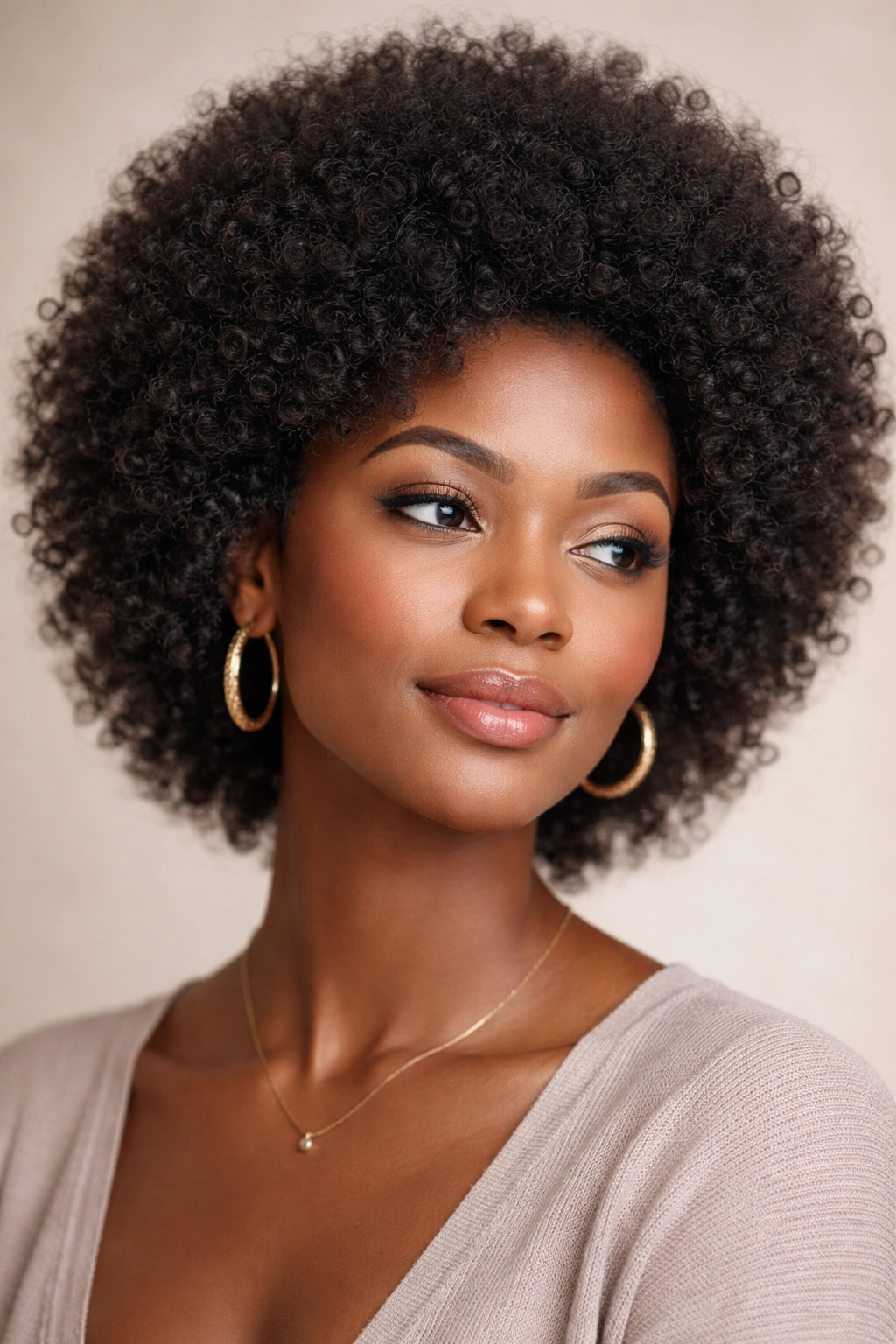Halo afro with outer volume and lifted crown softening the forehead