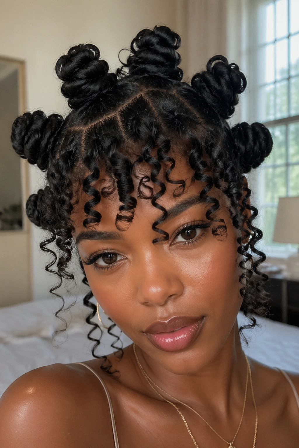 Real woman with halo bantu knots around the head and curly bangs