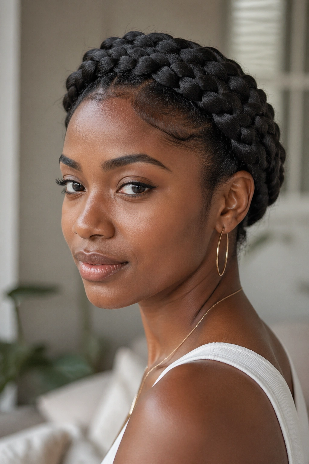 Close-up of a woman wearing a halo braid crown around her head