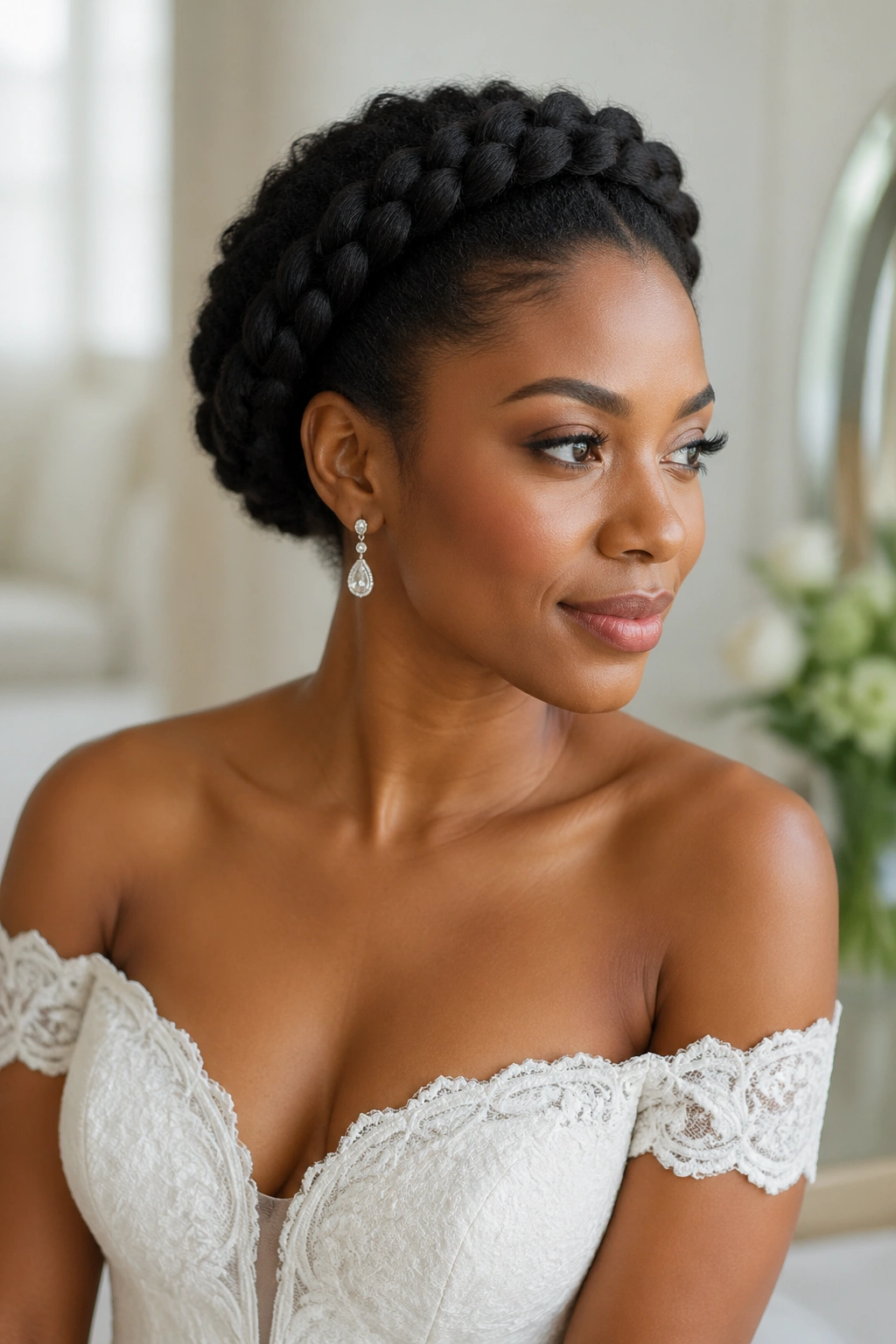 Close-up of a bride wearing a halo braid crown encircling the head