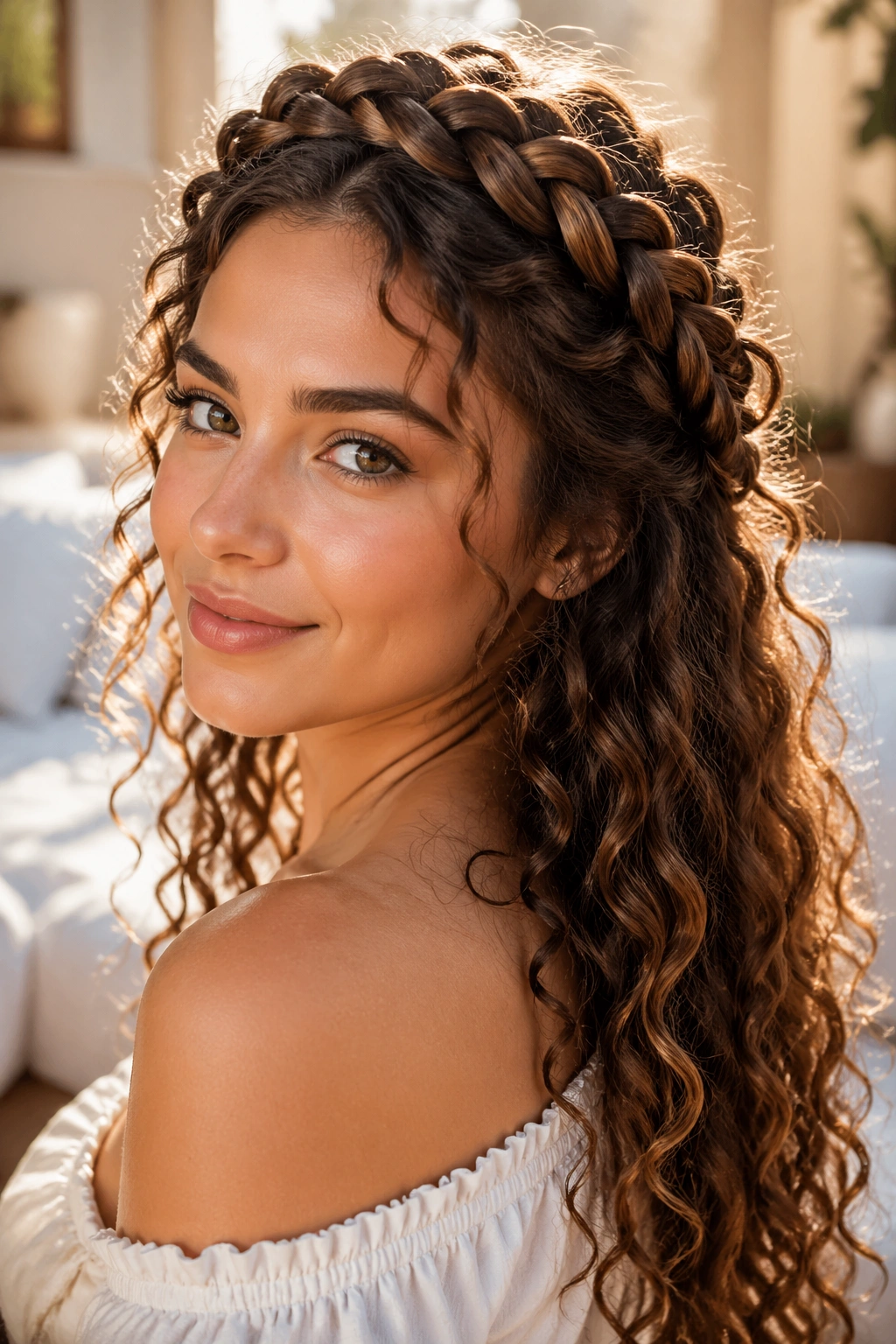Close-up of a real woman with halo braid and free curls around shoulders