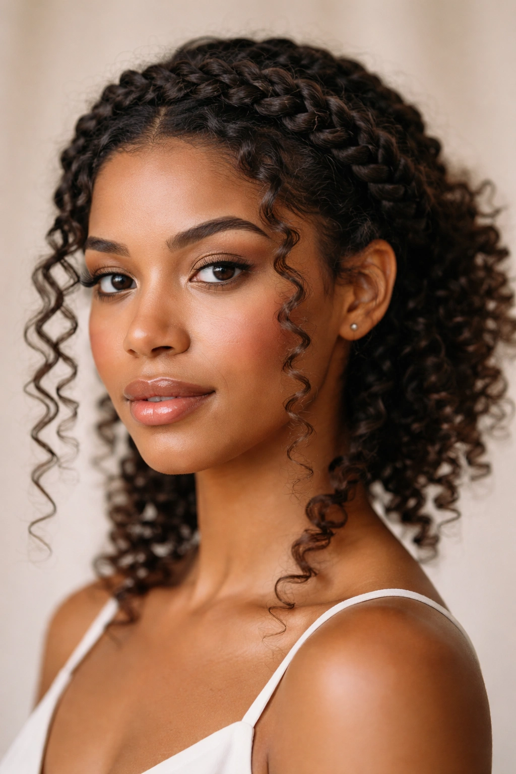 Close-up of halo braid with curly tendrils framing temples on natural curls