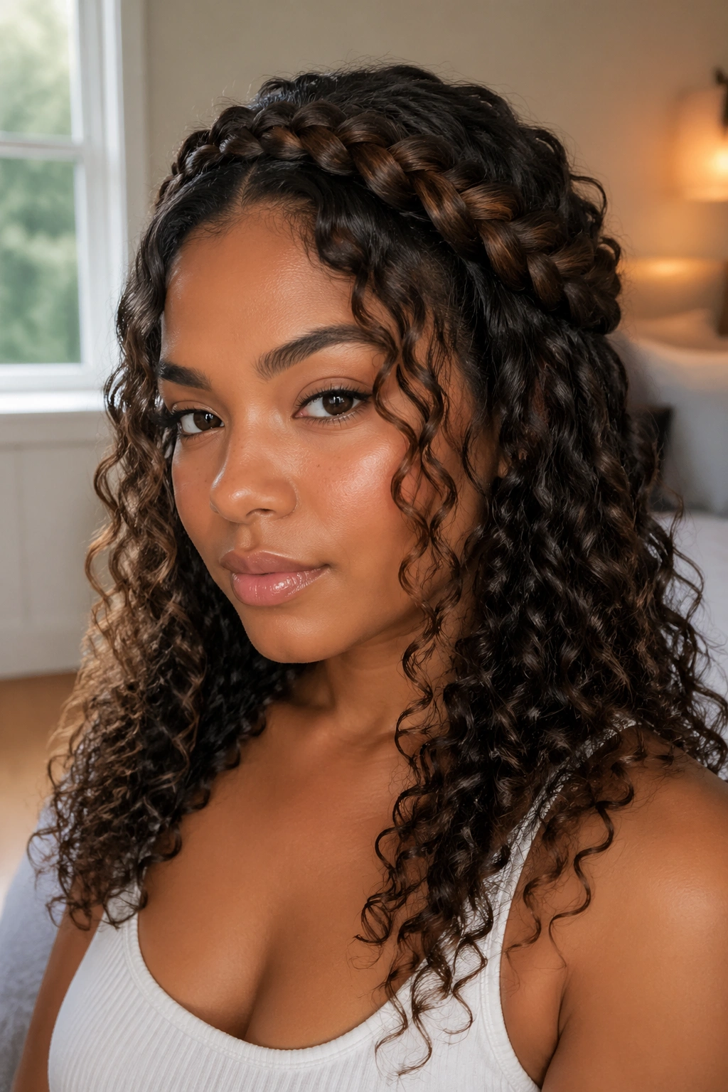 Close-up of Halo Braid With Curly Ends on a real woman with a halo braid framing the crown and curly ends.