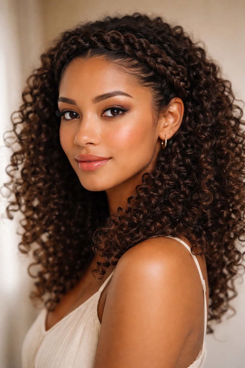 Close-up of a curly hairstyle featuring a halo braid framing the face.