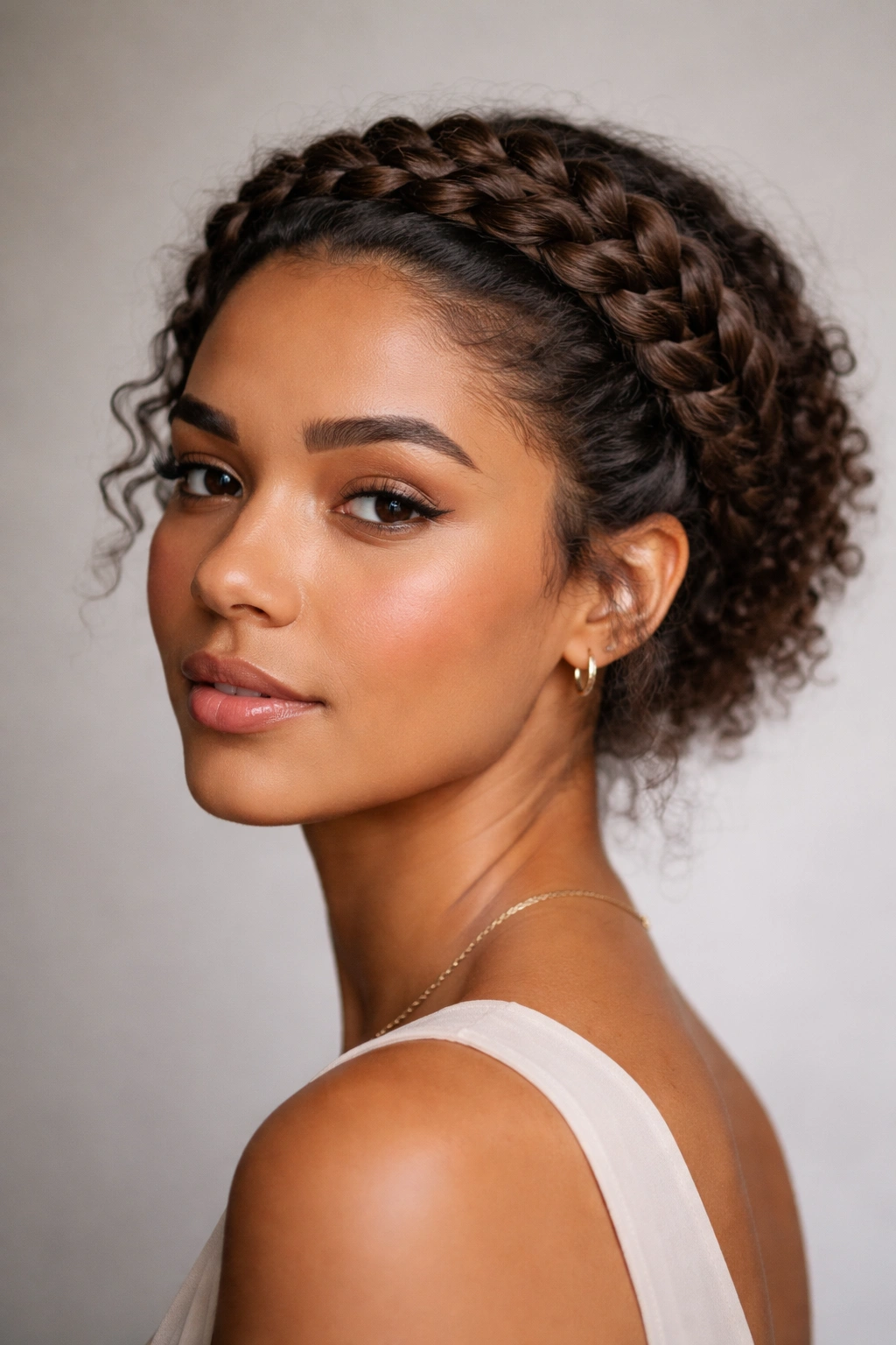 Close-up of a halo braid on damaged curly hair with a smooth crown