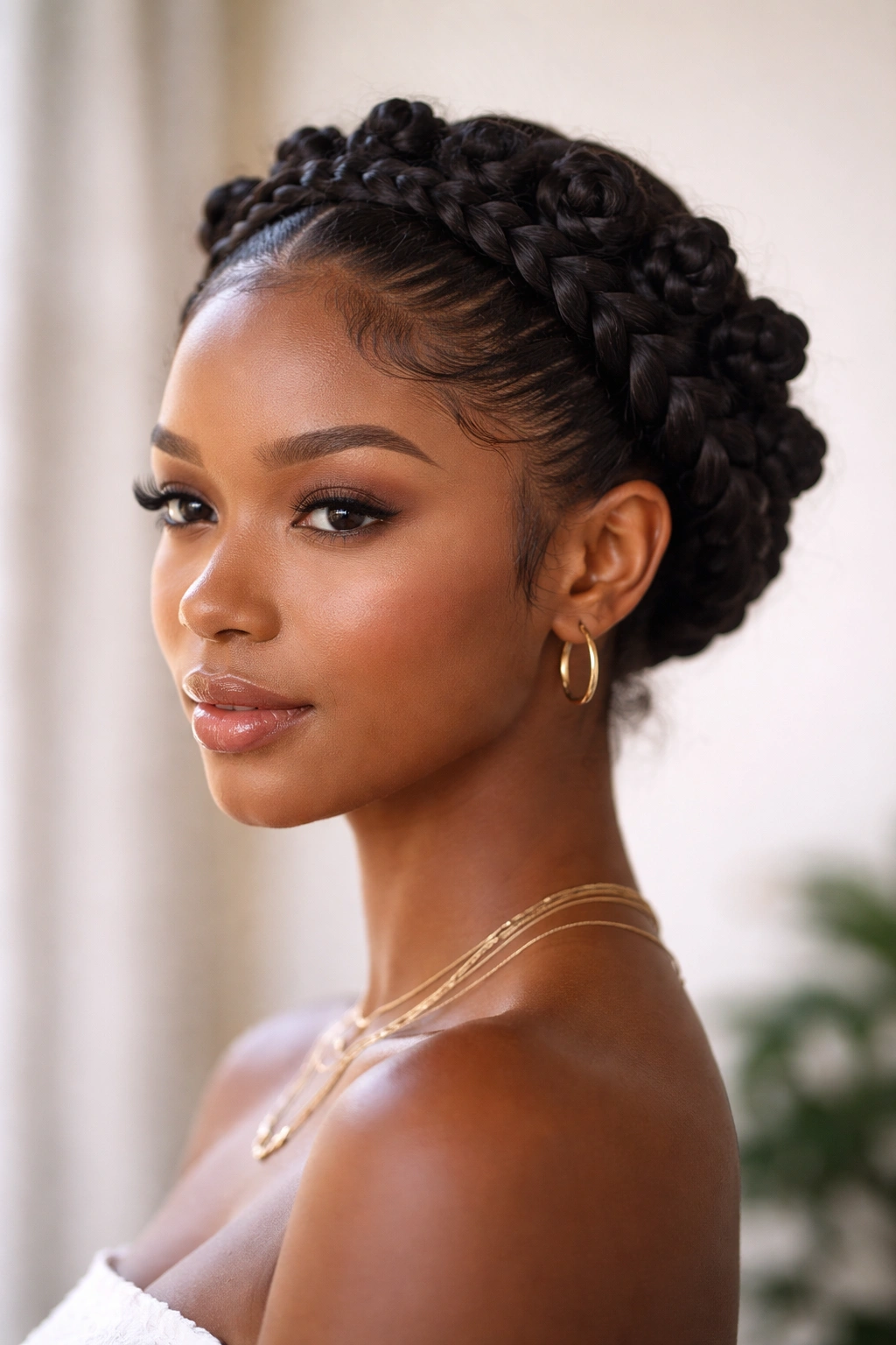 Halo braid around the head with knot accents creating a crown-like shape