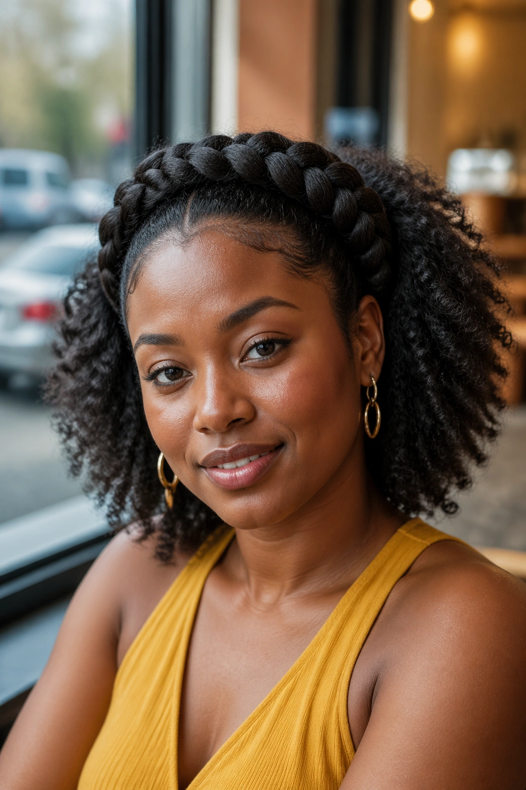 Close-up of a real woman with halo braid and loose afro length