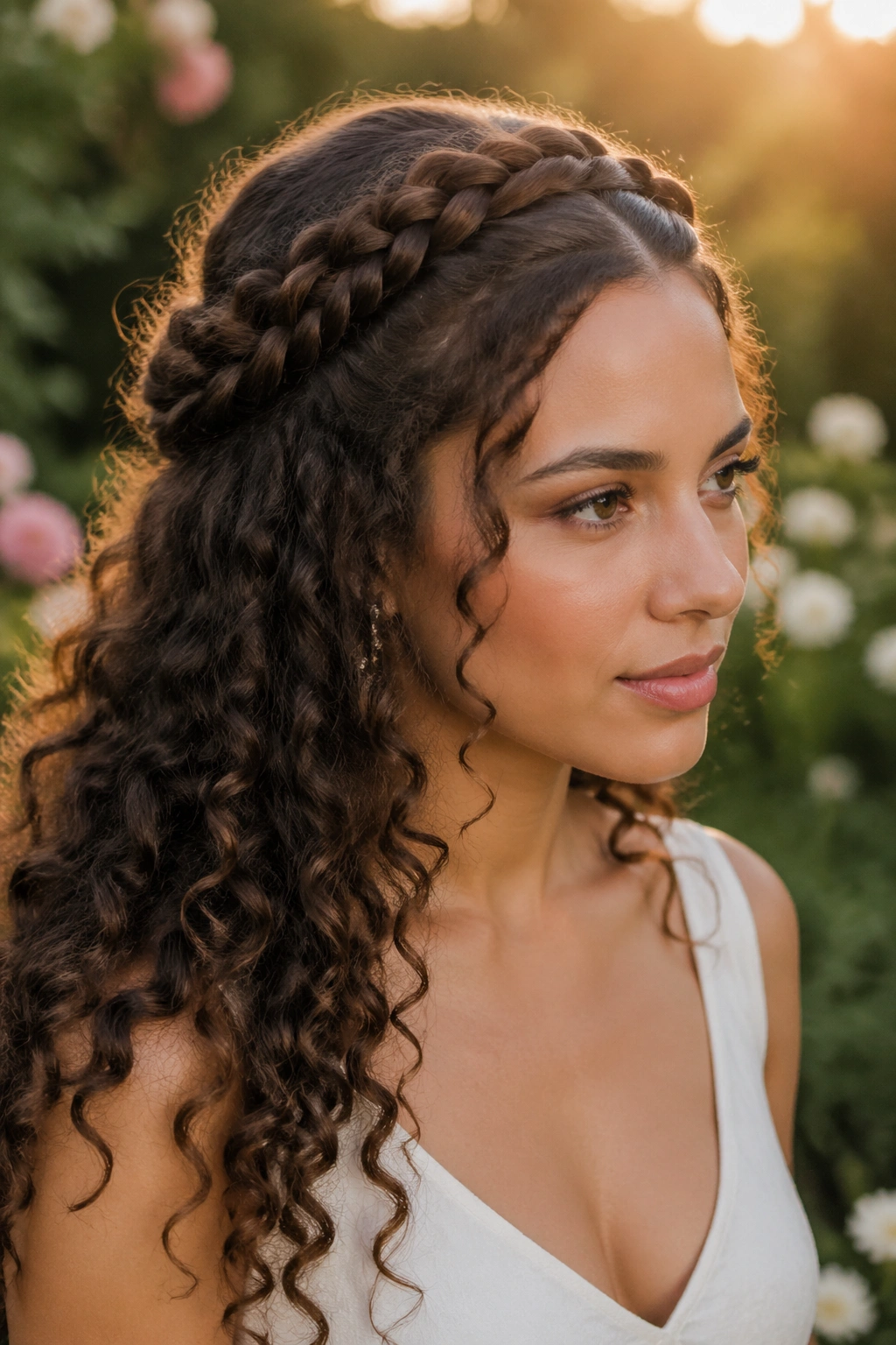 Close-up of a real woman with a halo braid and loose curly length