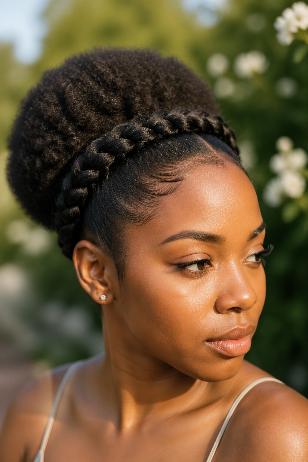 Real woman wearing halo braid encircling the head with a round puff at the crown, outdoor sunlight
