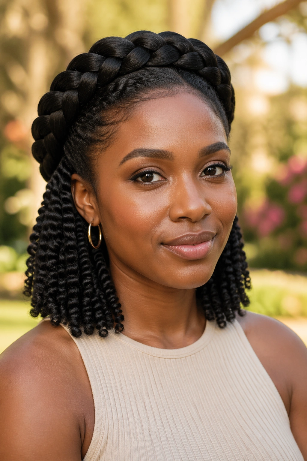 Close-up of a real person with a halo braid around the crown