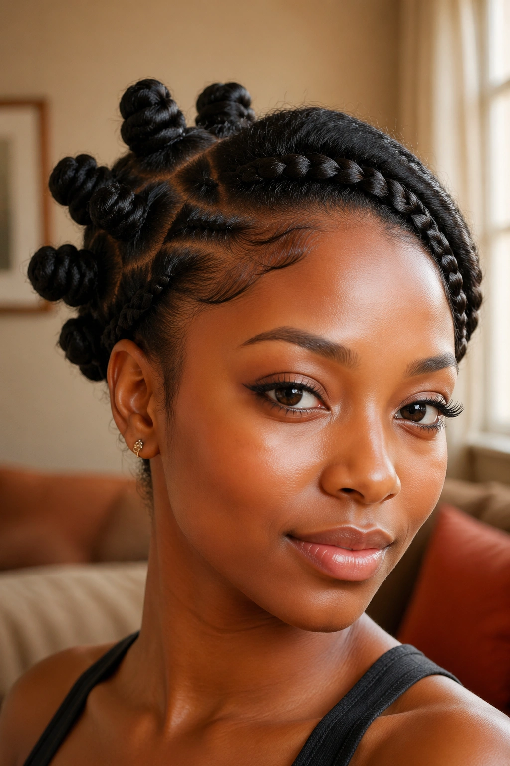 Halo braid on one side and soft knots on the other on a real person, warm room lighting.