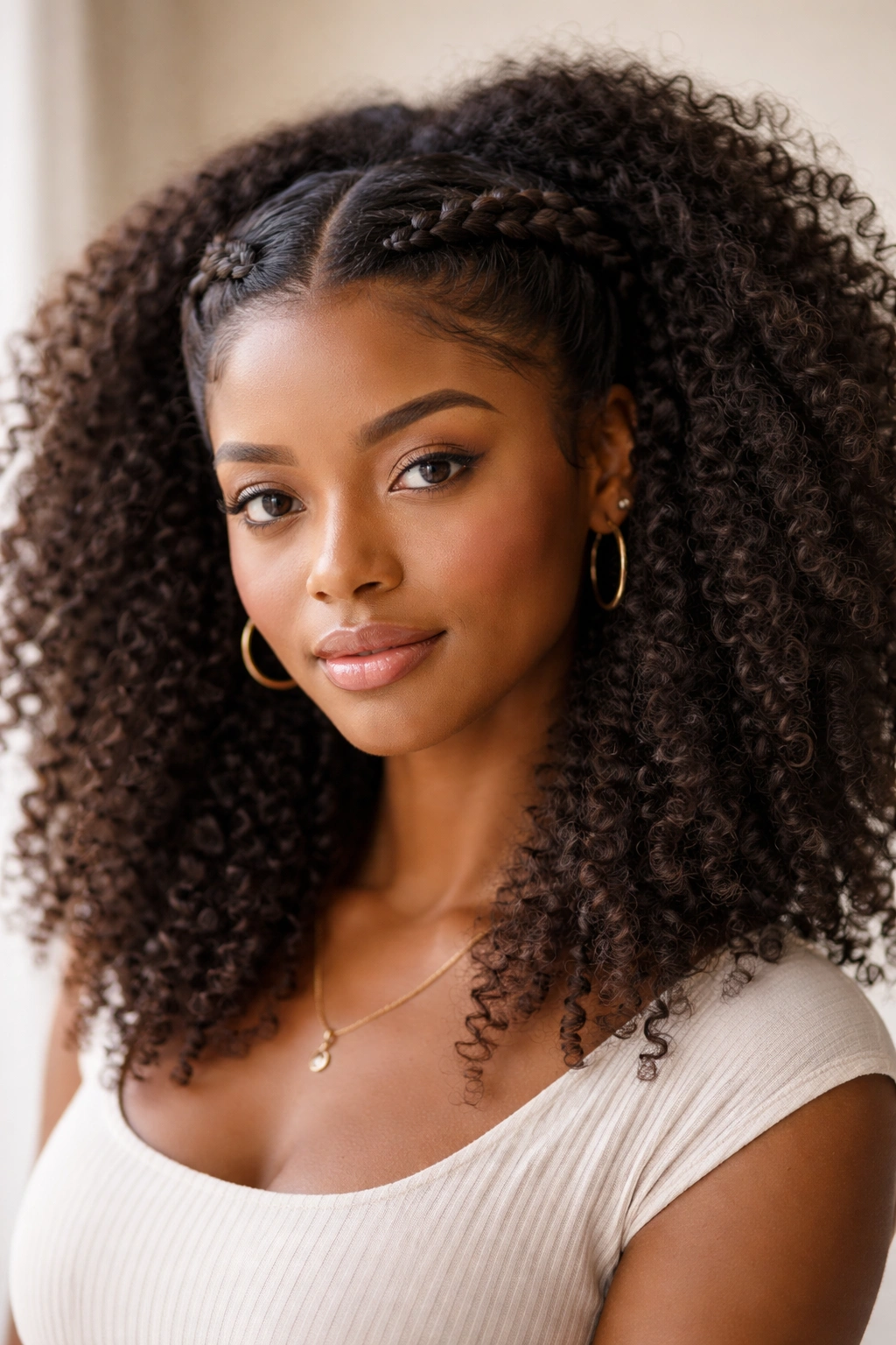 Two side braids form a halo over a loose afro.