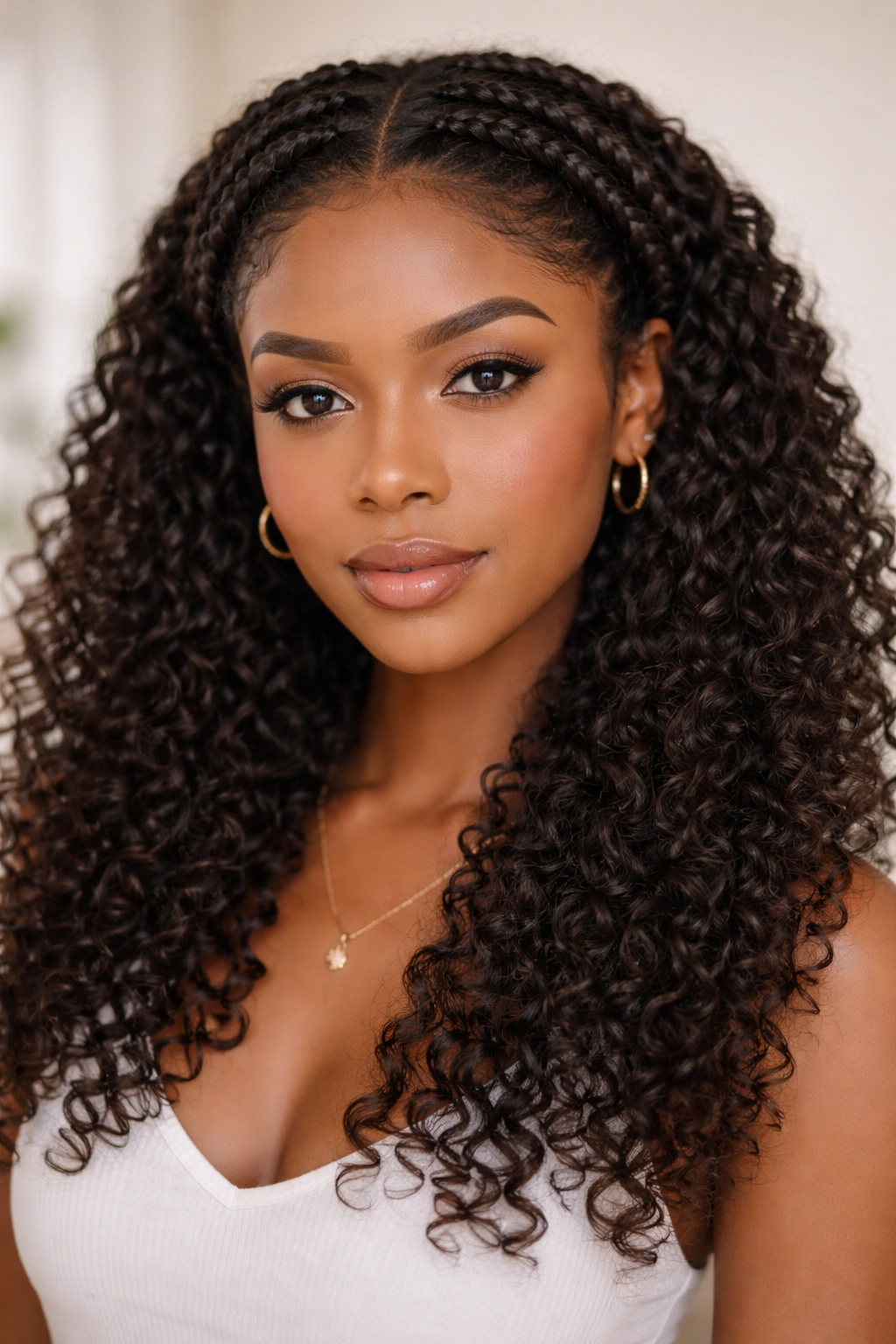 Halo braids framing the face with loose curls around shoulders