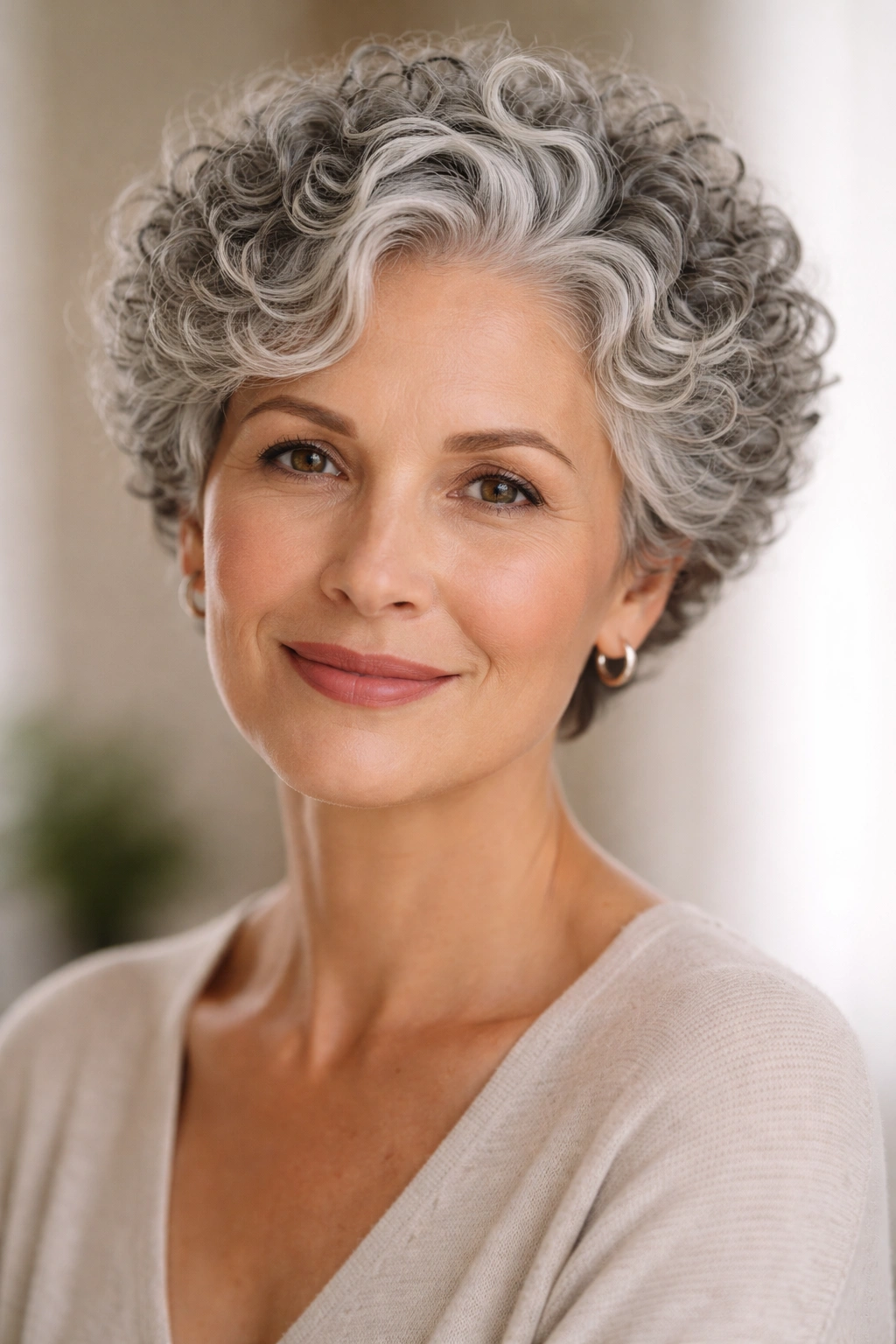 Halo crop with silver salt-and-pepper curls around the head