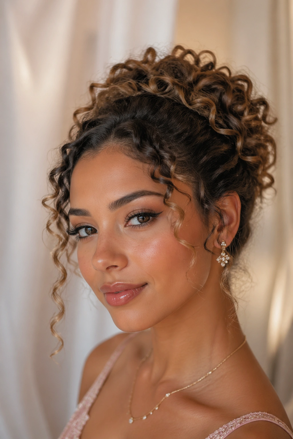 Close-up of a real woman with a halo curly bun for prom