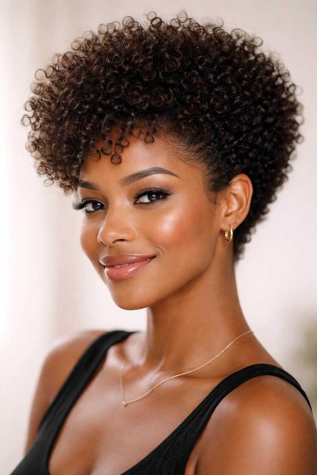 Close-up portrait of a short tapered halo half-wig with lifted crown