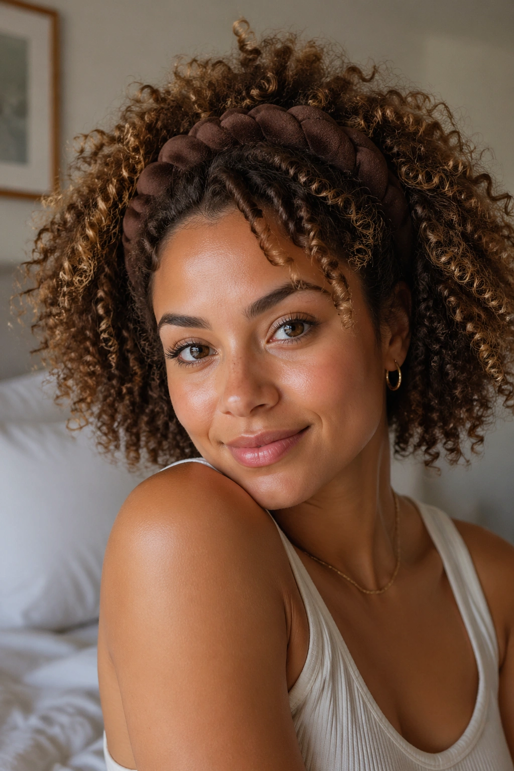 Close-up of a person wearing a halo headband with large, voluminous curls