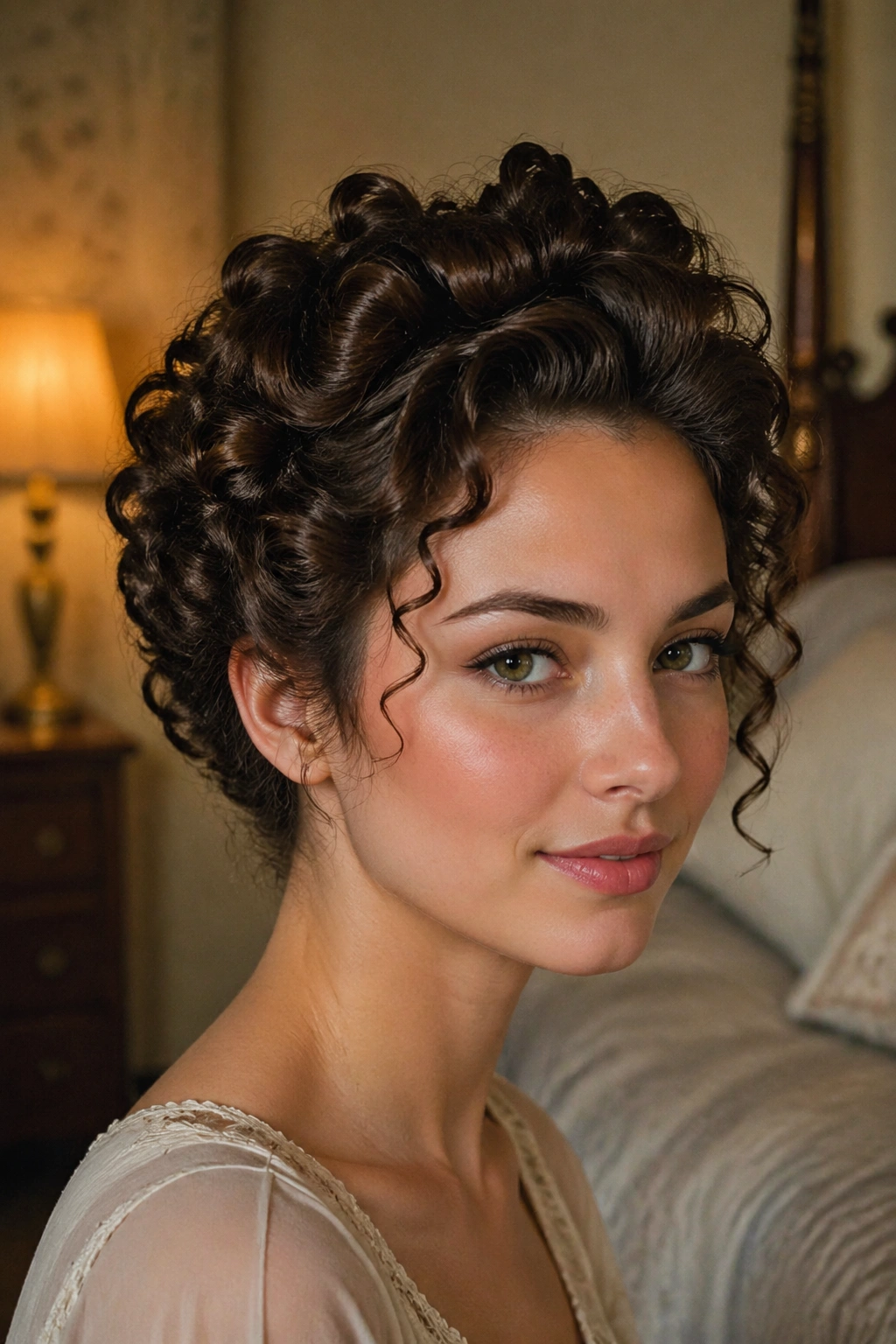Portrait of a woman with halo pin-up hair formed by hidden pins around the crown