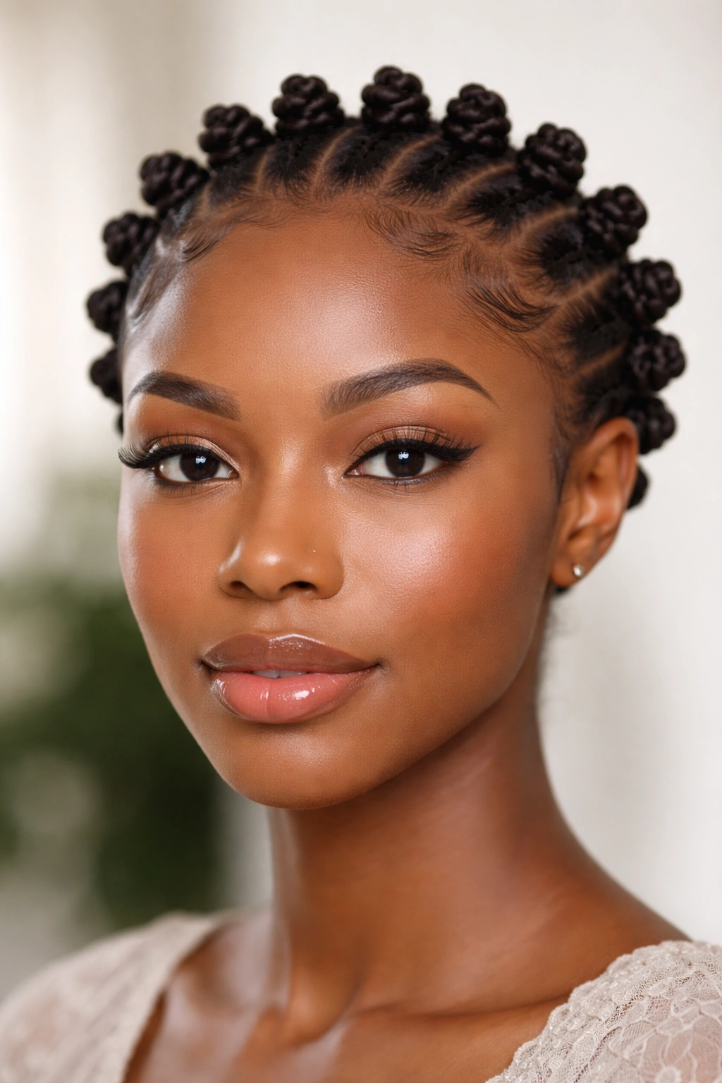 Tiny Bantu knots forming a neat halo around the hairline