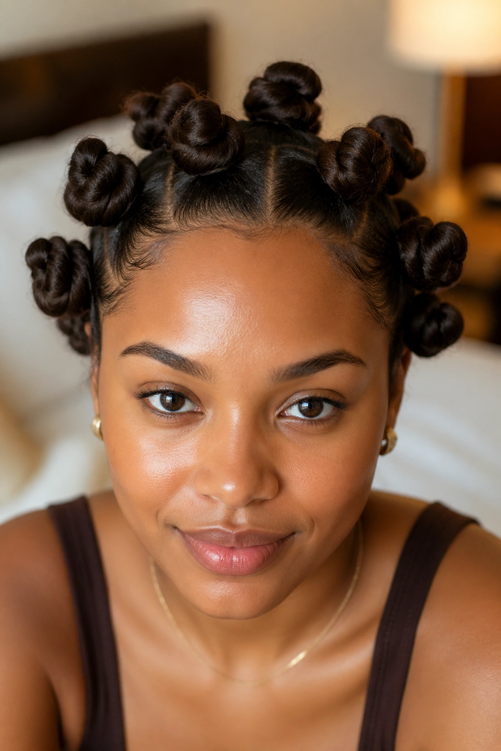 Close-up portrait of a real woman with halo-shaped knots around the crown