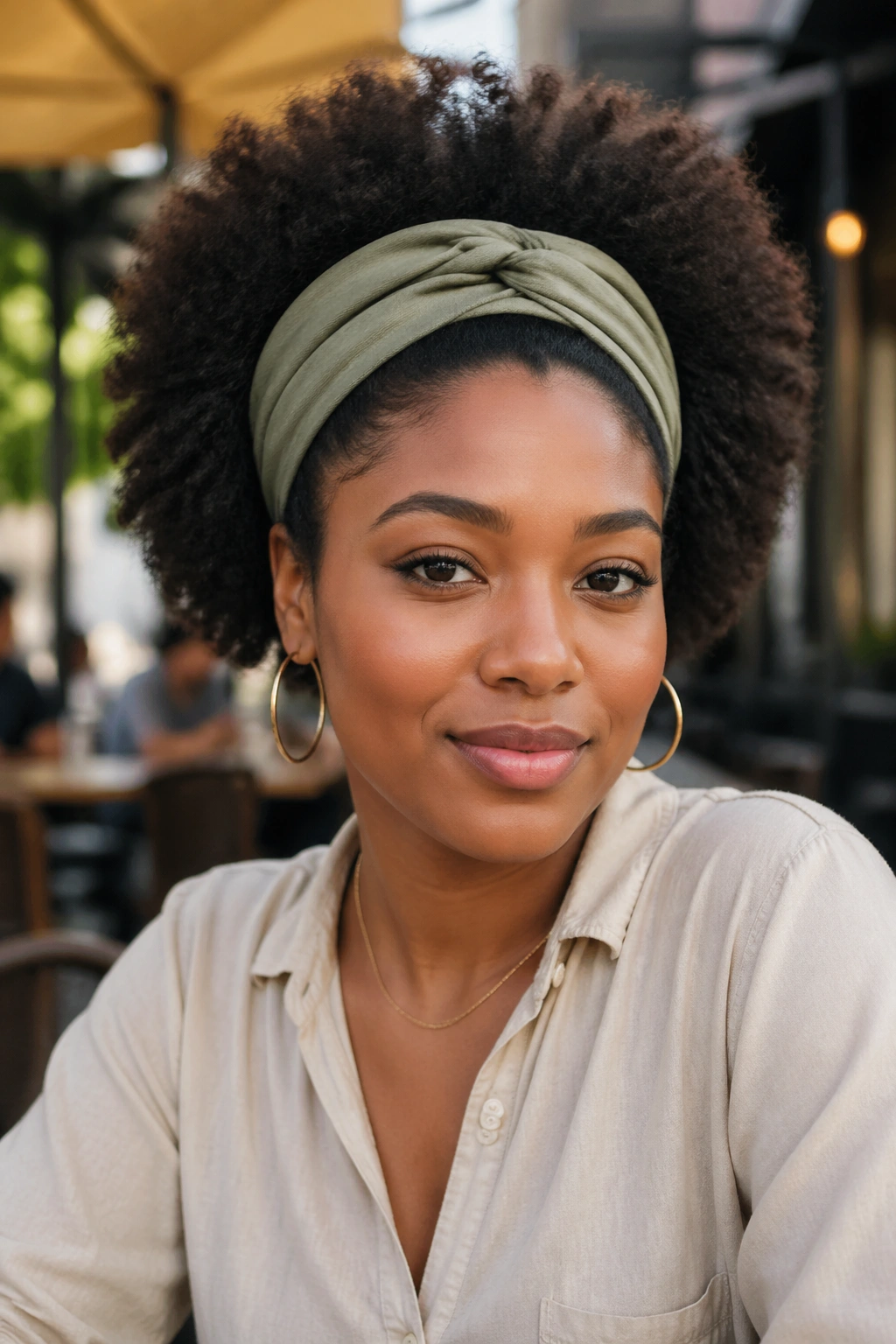 Real person wearing a wide headband with a full afro outdoors