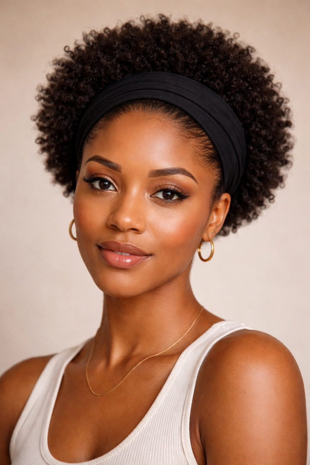 Short afro wearing a wide headband showing texture and shape