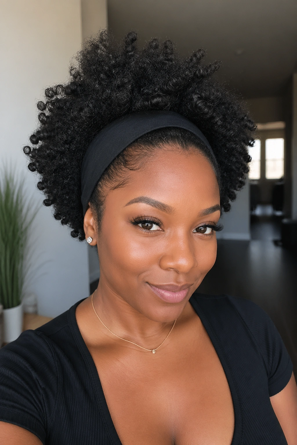 Close-up of a real Black woman wearing a headband Afro wig in a casual setting