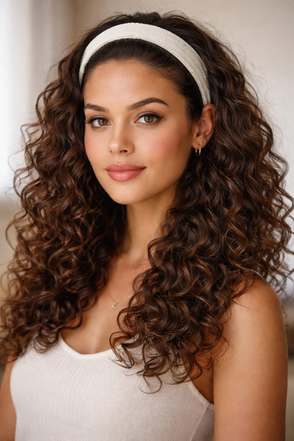 Headband curls cascading with fabric headband behind hairline