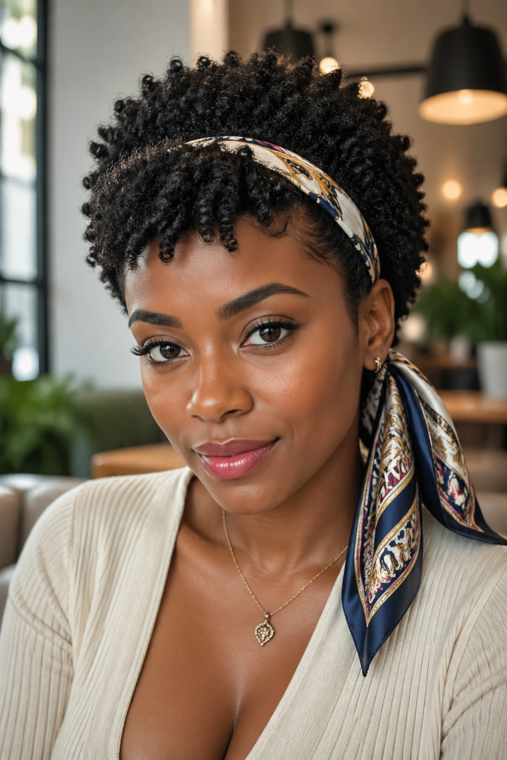Close-up of a real woman with a headband and scarf on a mini afro in a cafe setting