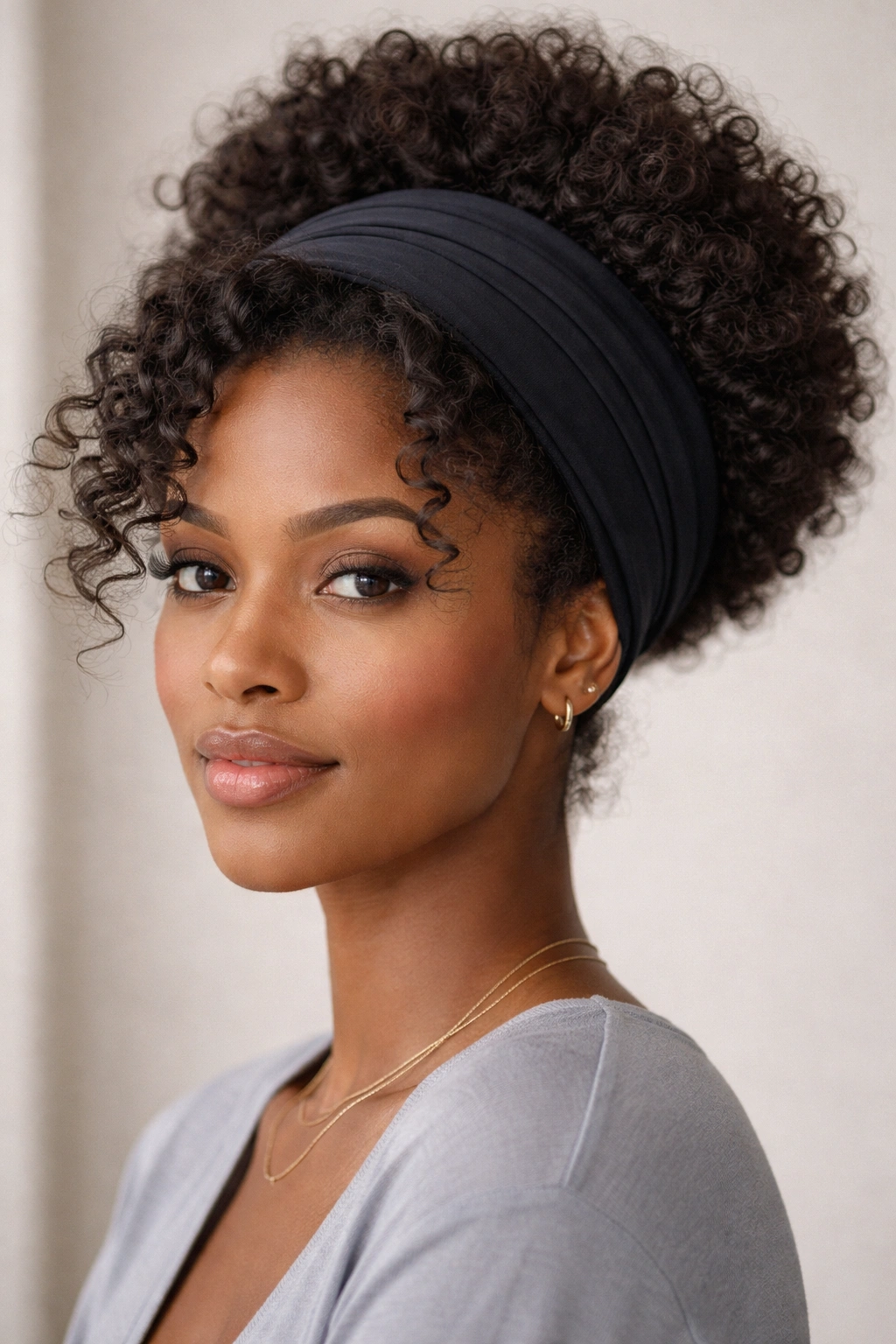 Close-up of afro hair styled in a headband tuck with curls tucked under a wide headband.