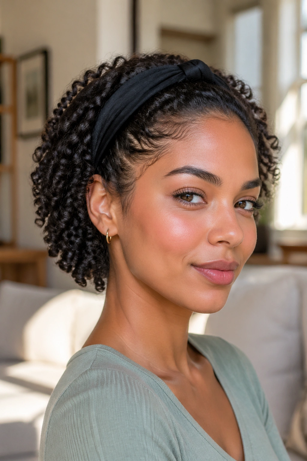 Close-up of a real woman with a headband tuck-back hairstyle.