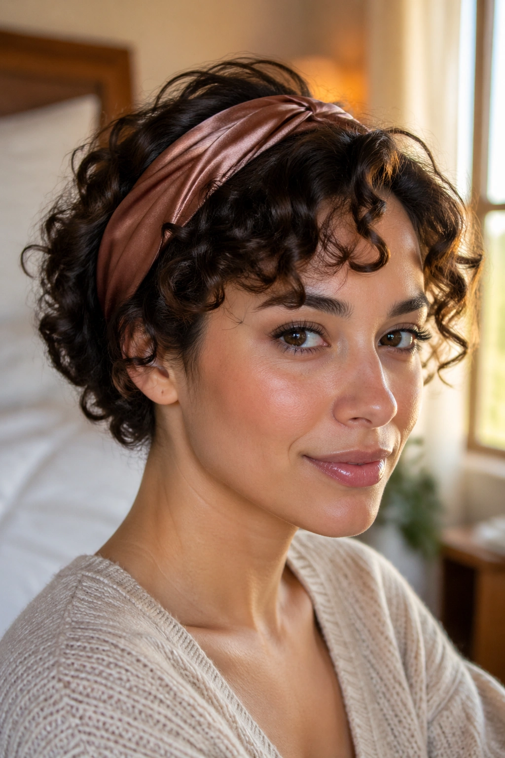 Close-up of a real woman with a curly bob wearing a satin headband for a tuck look
